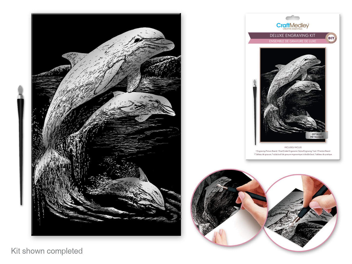 Craft Medley Kit: Deluxe Engraving Art DIY Kit K) Metallic~ Dolphin Family