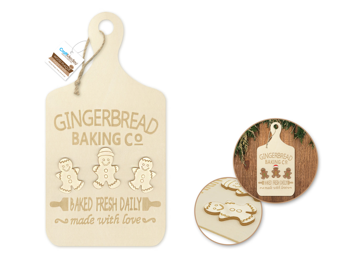 Wood Decor: 6.3"x11.4" DIY 3D Menu Board w/Hanger Hole+Jute 3mm(T) A) Gingerbread Baking Co.