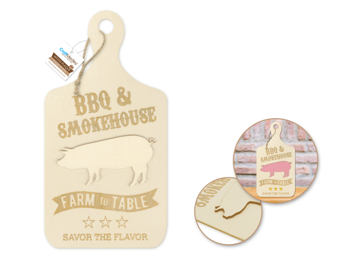Wood Decor: 6.3"x11.4" DIY 3D Menu Board w/Hanger Hole+Jute 3mm(T) C) BBQ & Smokehouse