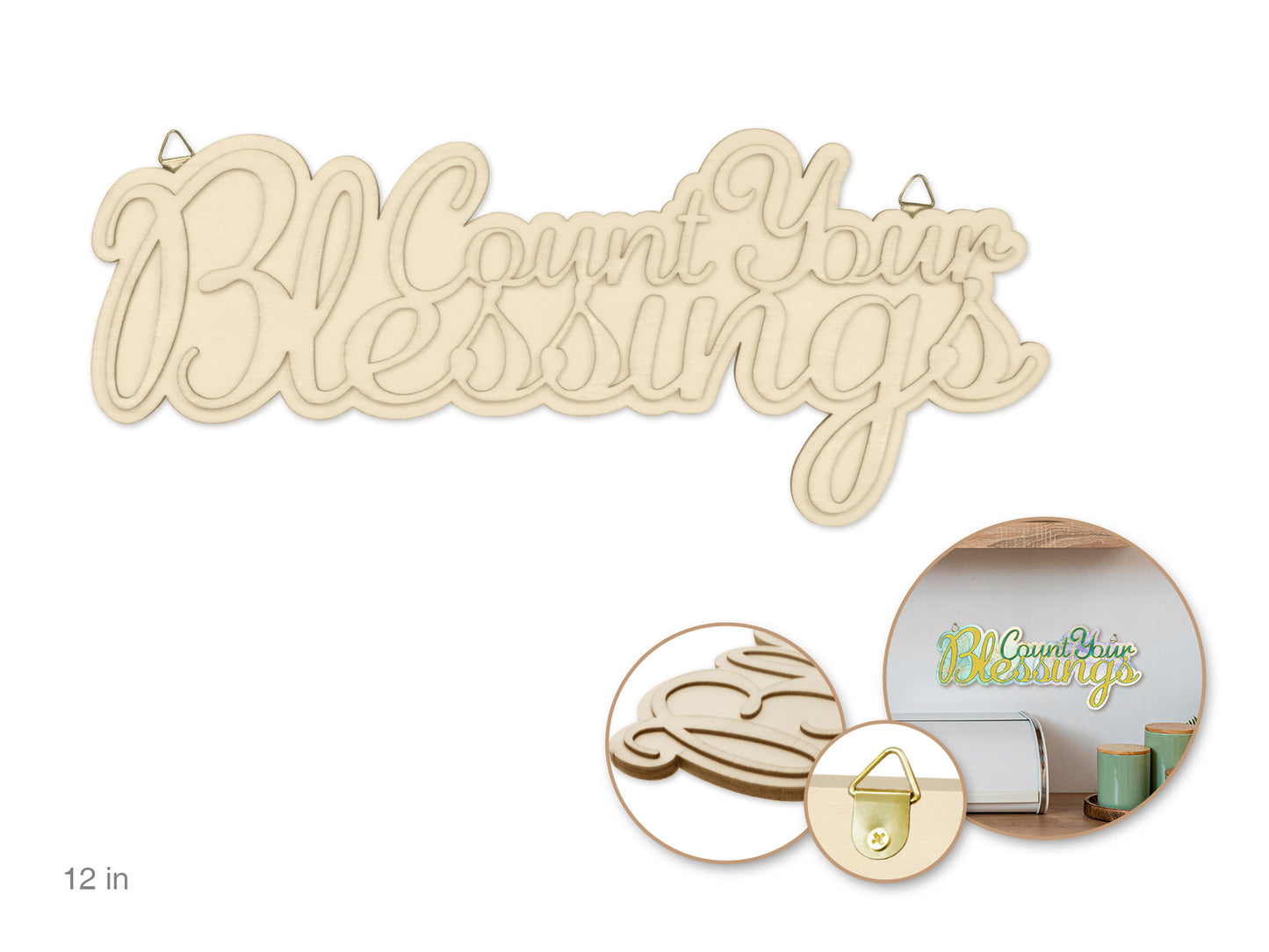 Wood Decor: 12" DIY Words Plaque 3D 7mm(T) w/Hook H) Count Your Blessings