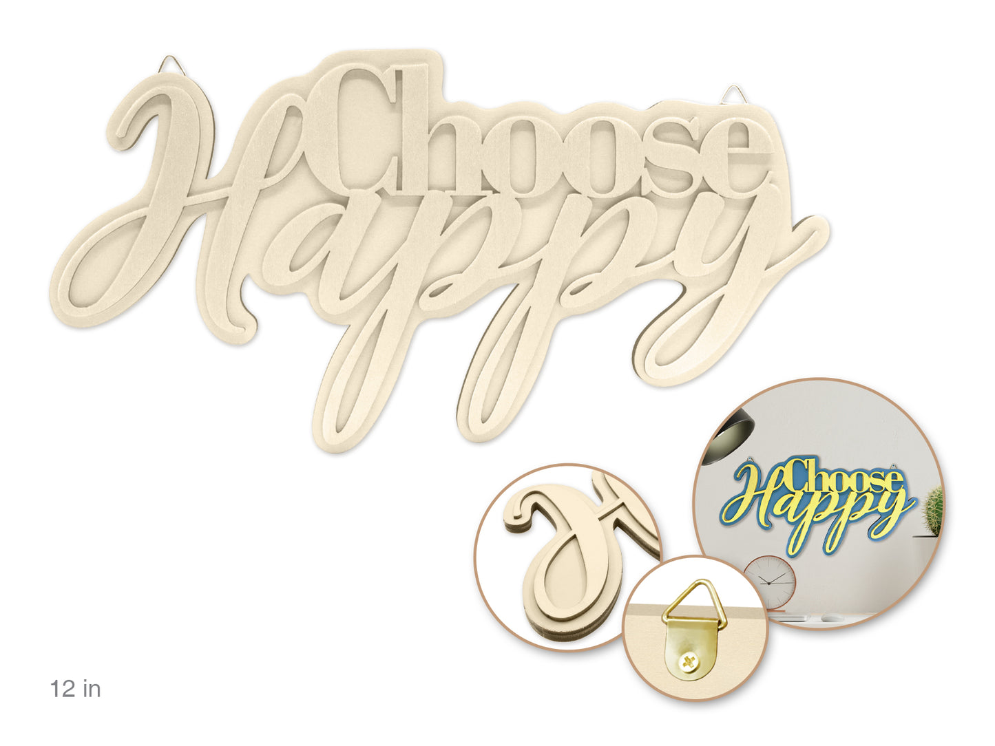 Wood Decor: 12" DIY Words Plaque 3D 7mm(T) w/Hook M) Choose Happy