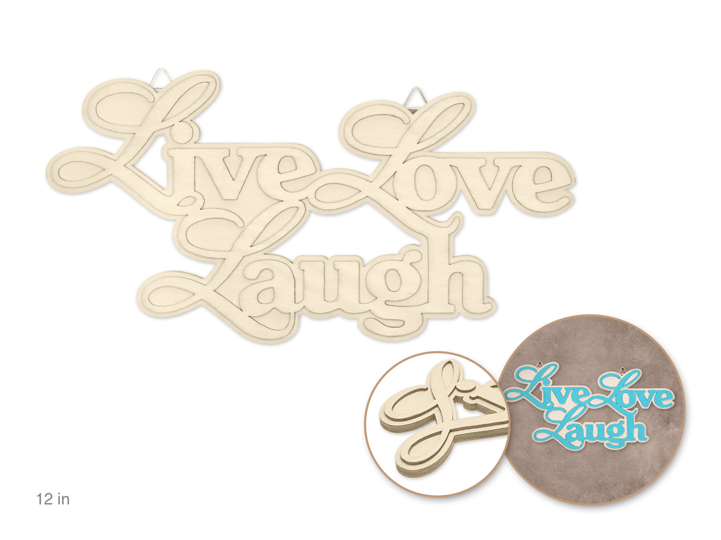 Wood Decor: 12" DIY Words Plaque 3D 7mm(T) w/Hook A) Live Love Laugh
