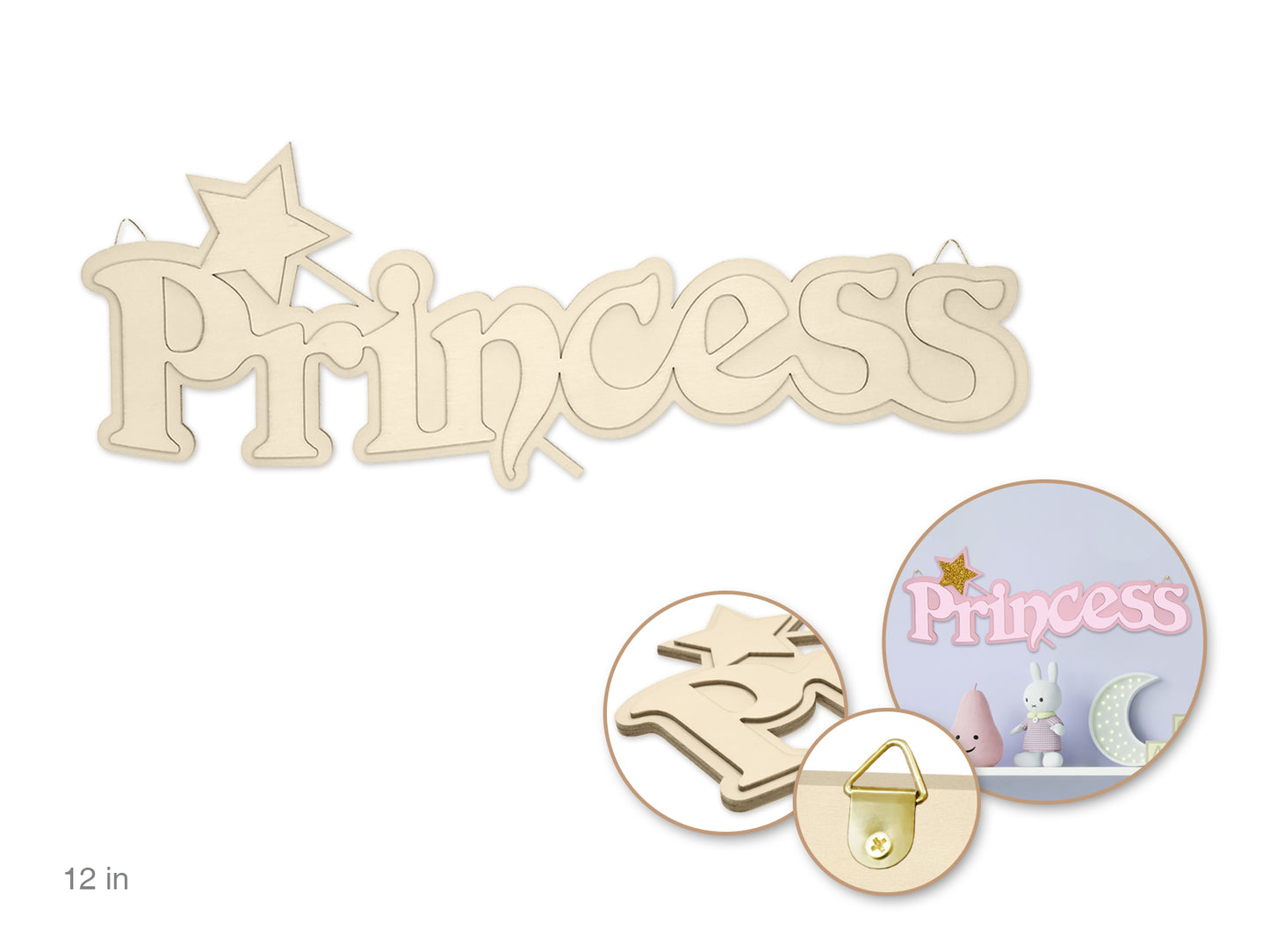 Wood Decor: 12" DIY Words Plaque 3D 7mm(T) w/Hook B) Princess