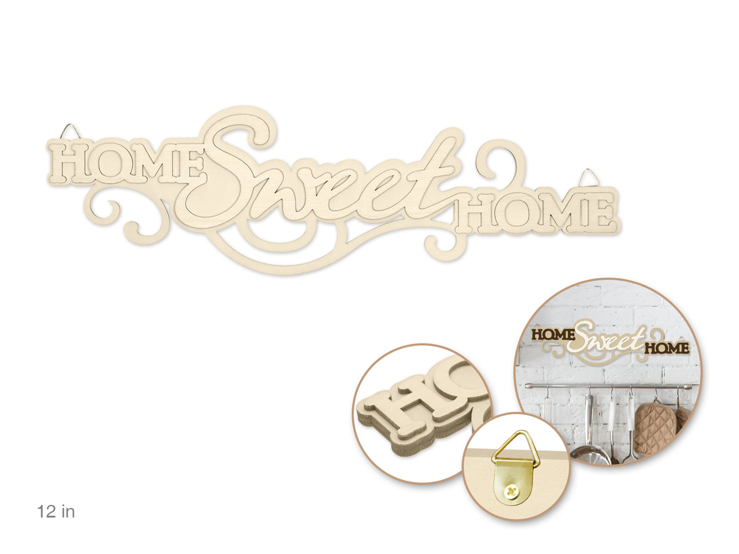 Wood Decor: 12" DIY Words Plaque 3D 7mm(T) w/Hook C) Home Sweet Home
