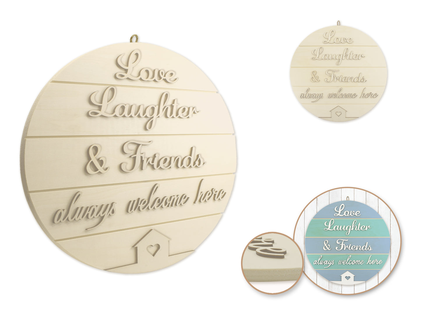 Wood Decor: 14" DIY Round Slat-Wall Sign Plaque 3D w/Jute Hanger B) Love, Laughter, & Friends