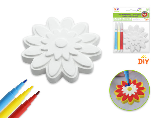 Krafty Kids Kit: 2.75" DIY Plaster Medallion Coloring Kit w/3 Markers B) Flower