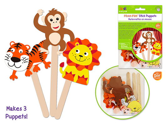 Krafty Kids Kit: DIY Foam Character Stick Puppets x3 D) Jungle Pals