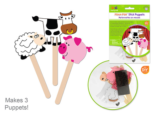 Krafty Kids Kit: DIY Foam Character Stick Puppets x3 L) Barnyard Pals