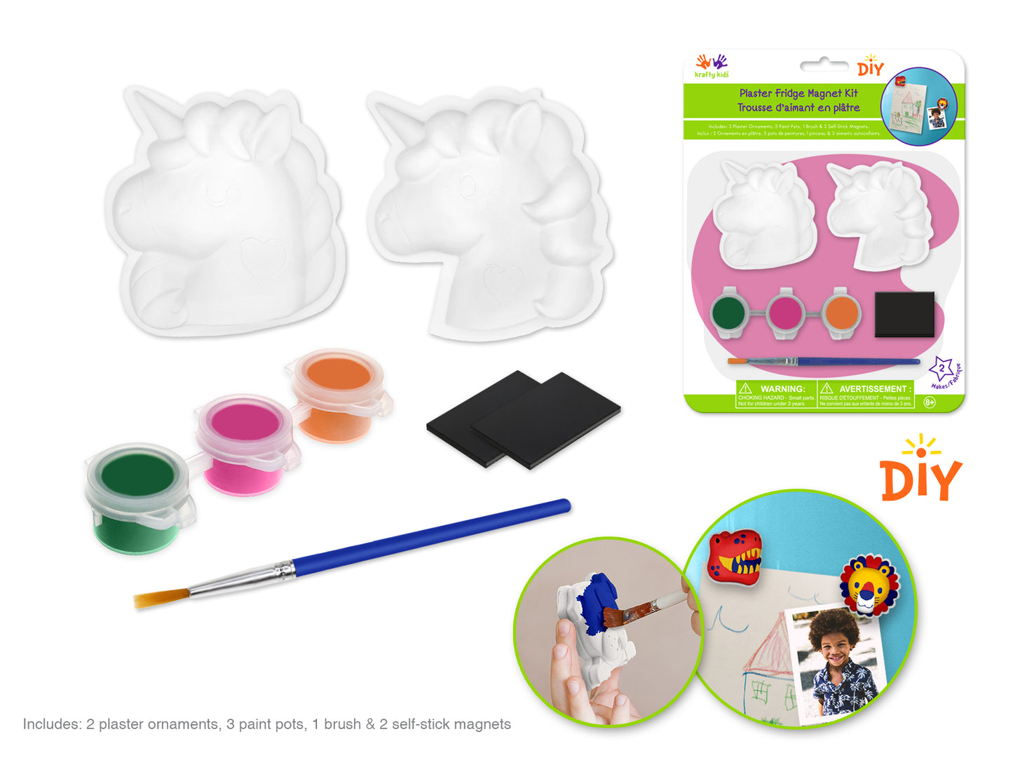 Krafty Kids Kit: Paint-It Plaster Ornament Fridge Magnet Kit 2ct w/3 Paint C) Unicorns