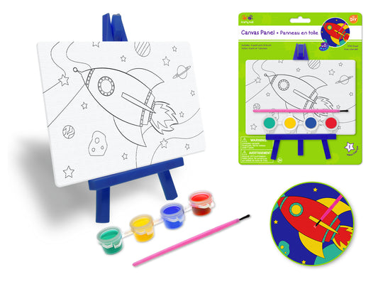 Krafty Kids Kit: 3.9"x5.9" DIY Canvas Panel on Easel w/4 Paint Pots+Brush B) Rocket