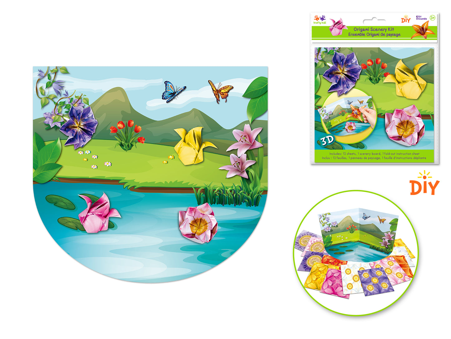 Krafty Kids Kit: 3D Origami DIY Scenery Kit 12sht+1scene board A) Flowers