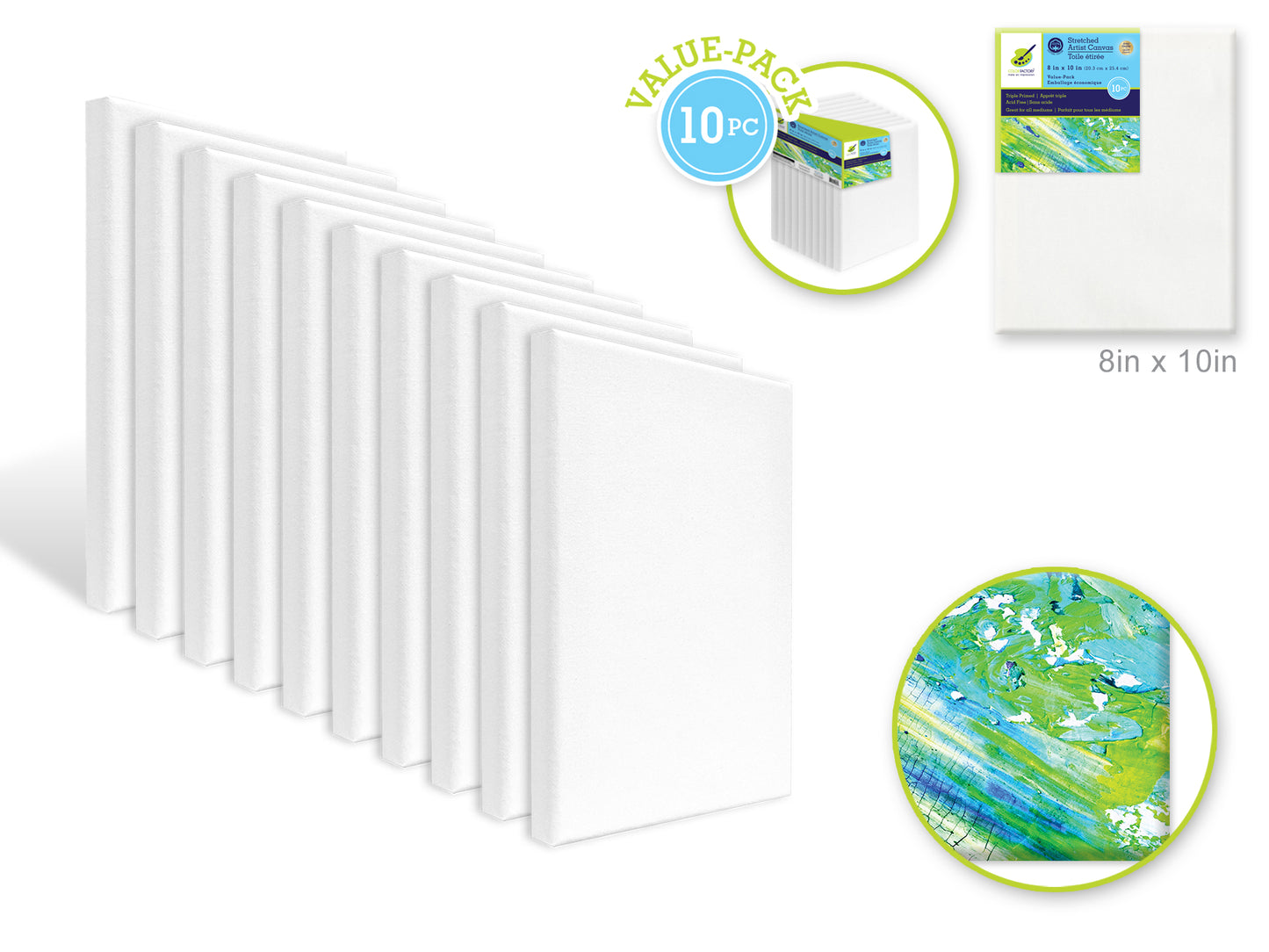 Stretch Artist Canvas: Rect. 8"x10" 10pc Value-Pack Primed Back-Stapled