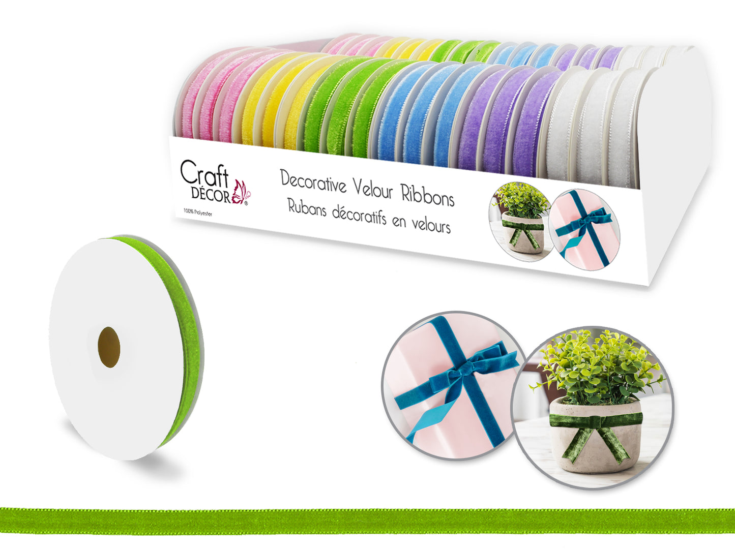 Craft Décor Ribbons/Trims: Velour 3/8"x3yd Rolls x36 Asst B) Pastels