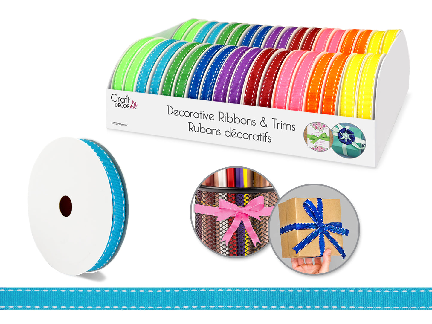 Craft Décor Ribbons/Trims: Saddle-Stitch Grosgrain 3/8"x3yd Rolls x36 Asst A) Brights