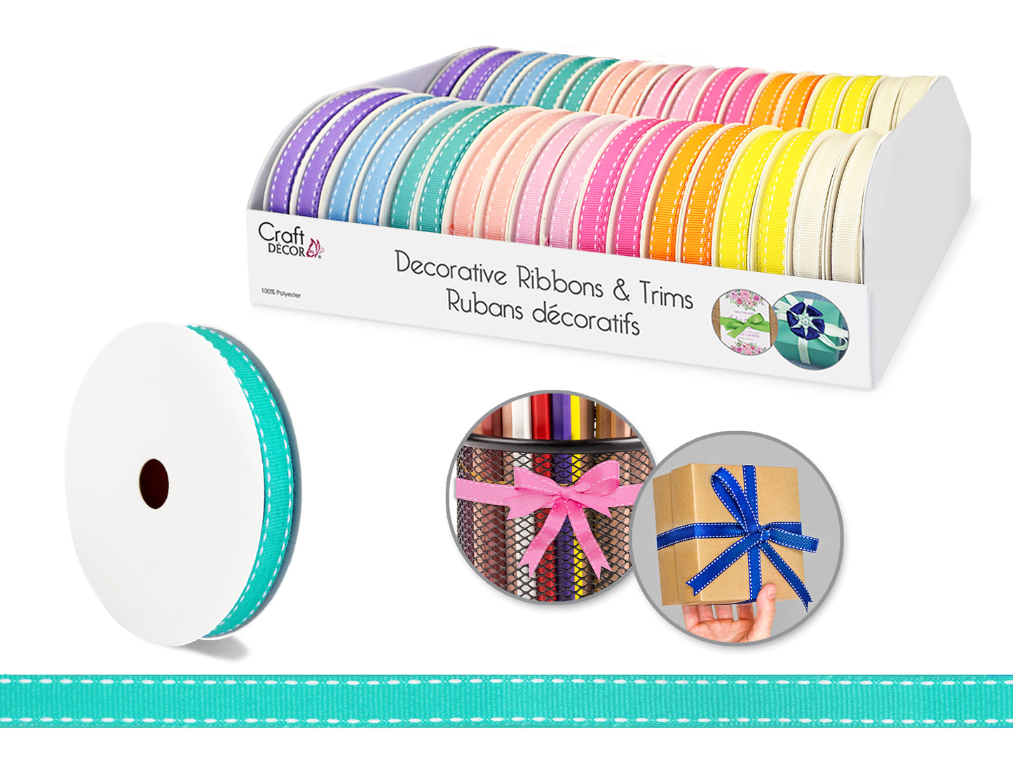Craft Décor Ribbons/Trims: Saddle-Stitch Grosgrain 3/8"x3yd Rolls x36 Asst B) Pastels