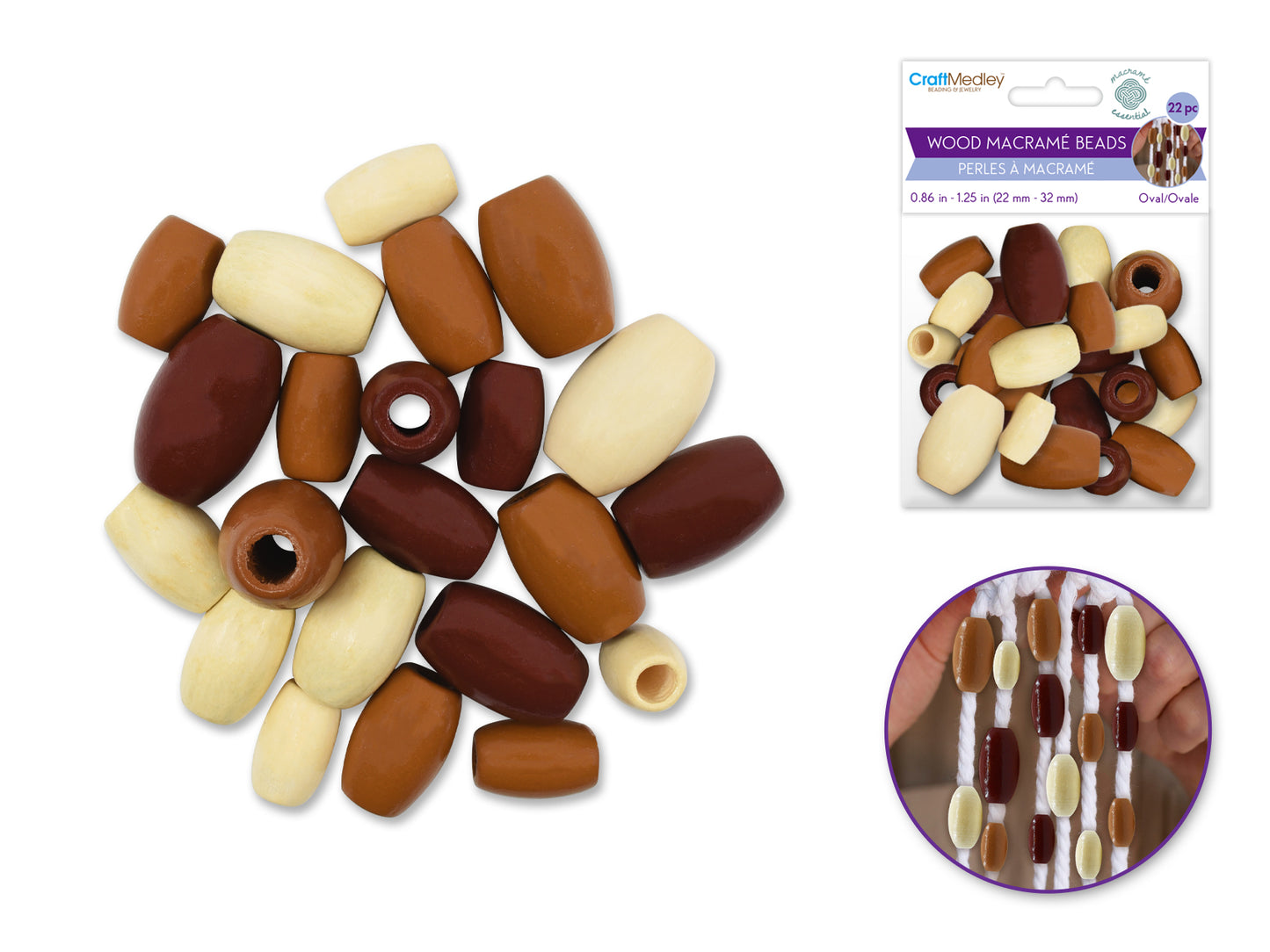 Craftwood: Macrame Beads Asst Size+Col Lrg-Hole Natural B) Oval