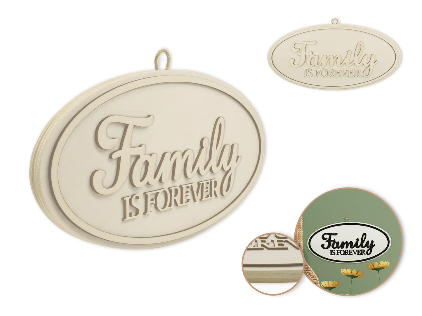 Wood Decor: 12" DIY Oval Wall Sign Plaque 3D w/Jute Hanger D) Family Forever