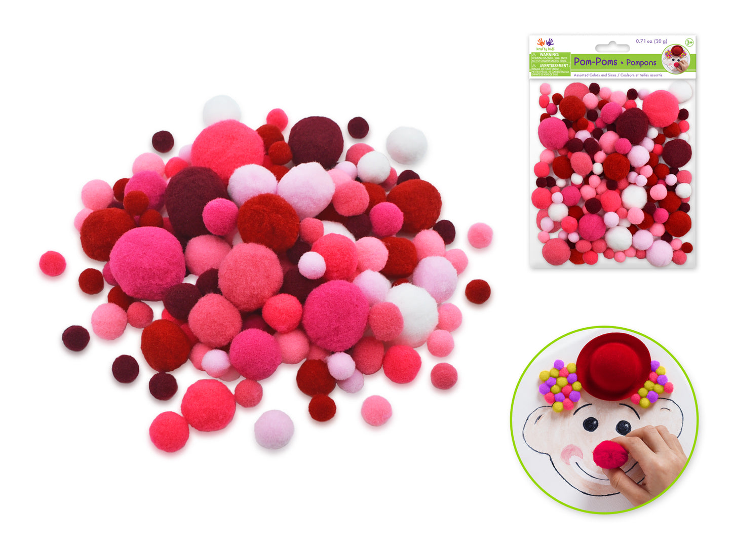 Krafty Kids: Pom-Poms 20g Color-Mix Asst Sizes (1/1.5/2/2.5/3cm) B) Reds