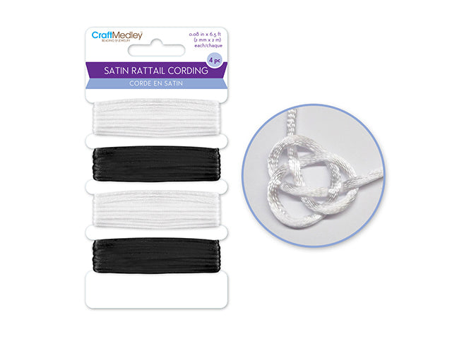 Jewelry/Craft Cording: 2mm Satin Rattail Cording 8m Asst x4 A) Black & White