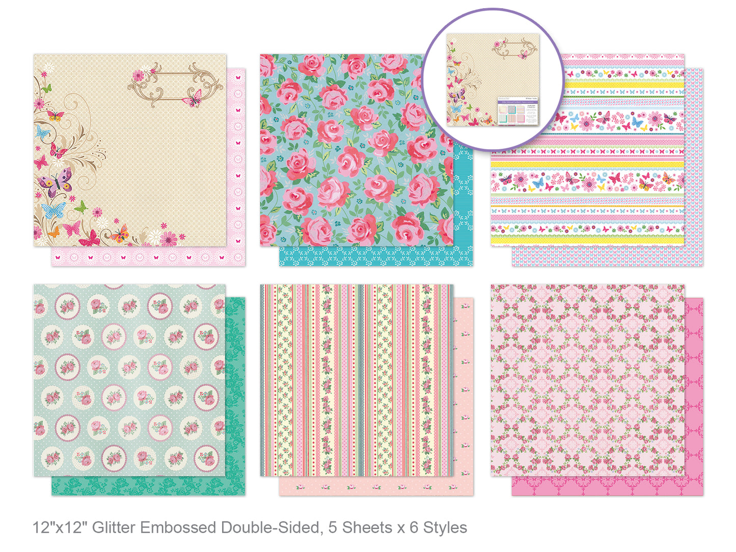 Cardstock: 12"x12" Glitter Embossed Dble-Sided Choose From 6 Styles A) Butterfly & Floral