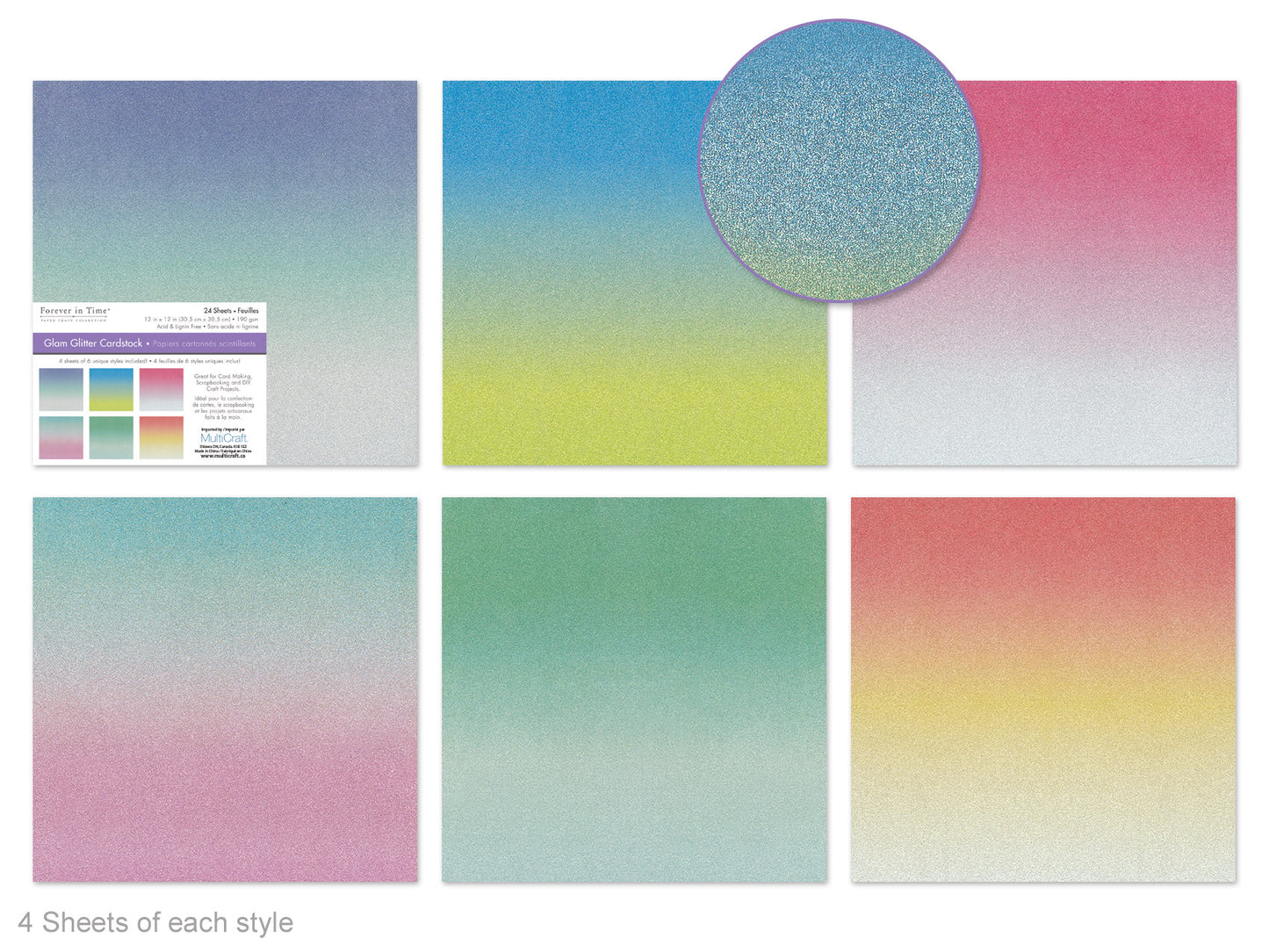Scrapbook Paper: 12"x12" Glam Glitter Cardstock 190gsm Asst 4eax6col A) Ombre Pastel