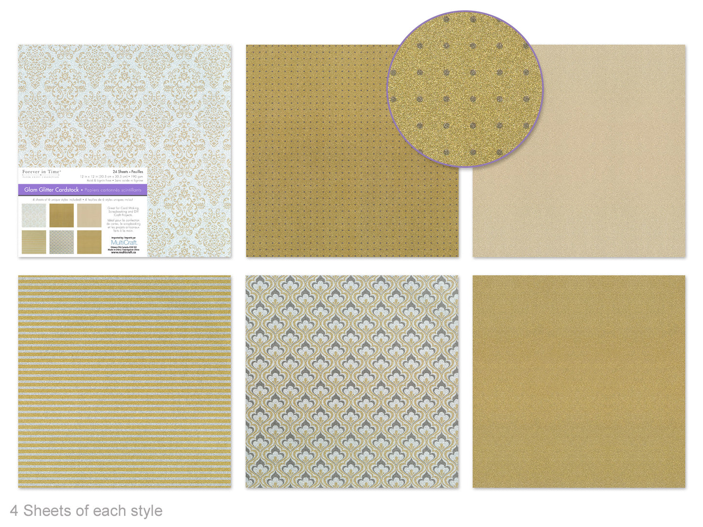 Scrapbook Paper: 12"x12" Glam Glitter Cardstock 190gsm Asst 4eax6col C) Gold Medley