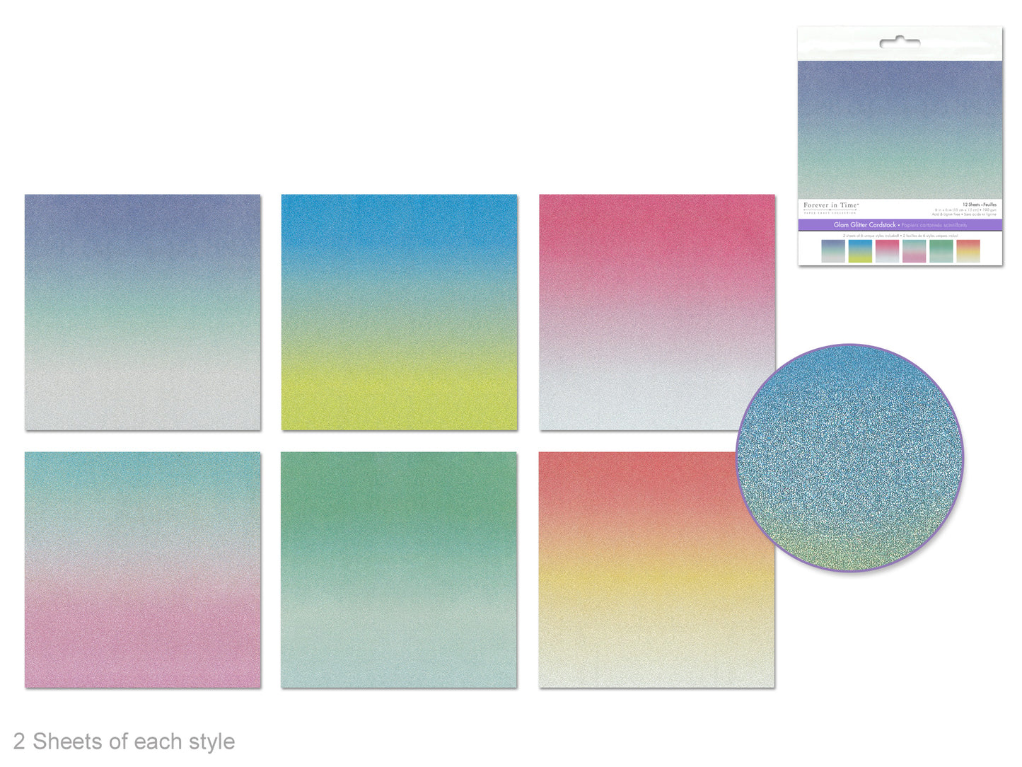 Scrapbook Paper: 6"x6" Glam Glitter Cardstock 190gsm 12Sht Asst 6col A) Ombre Pastel