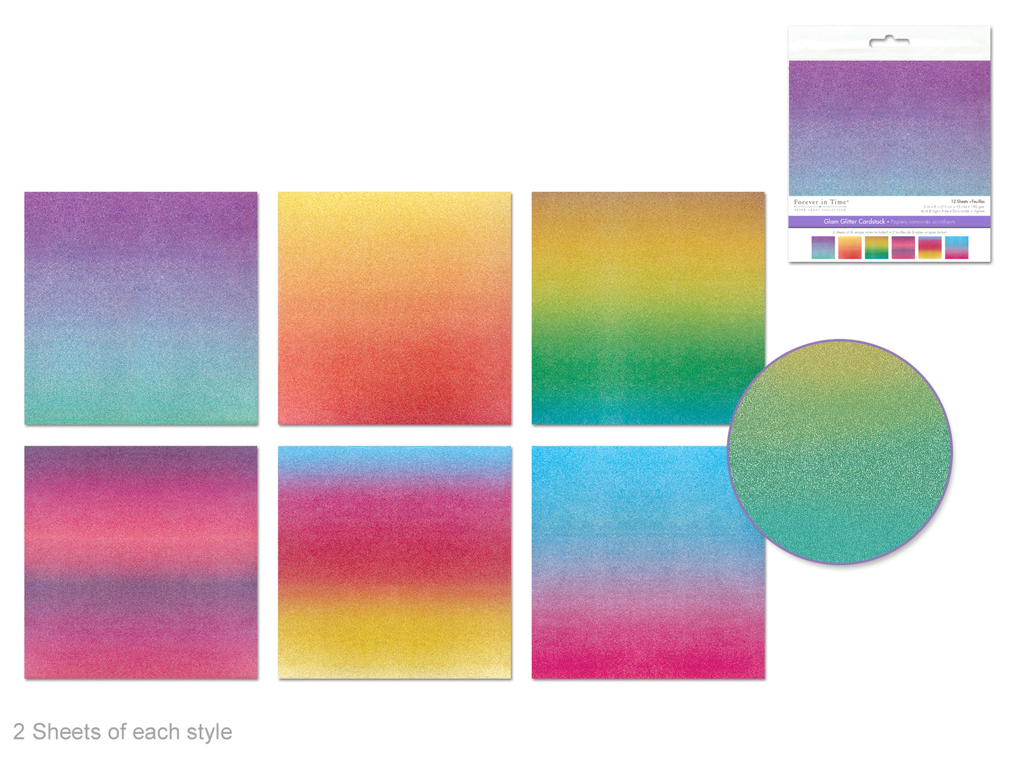 Scrapbook Paper: 6"x6" Glam Glitter Cardstock 190gsm 12Sht Asst 6col B) Ombre Brights
