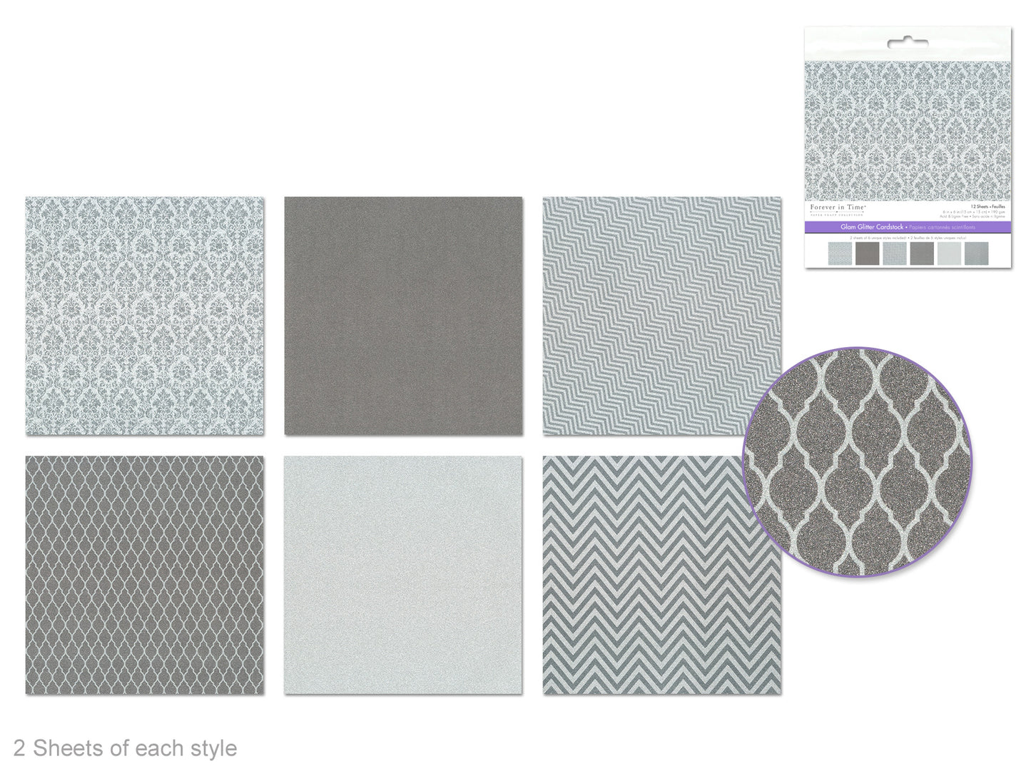 Scrapbook Paper: 6"x6" Glam Glitter Cardstock 190gsm 12Sht Asst 6col D) Silver Medley
