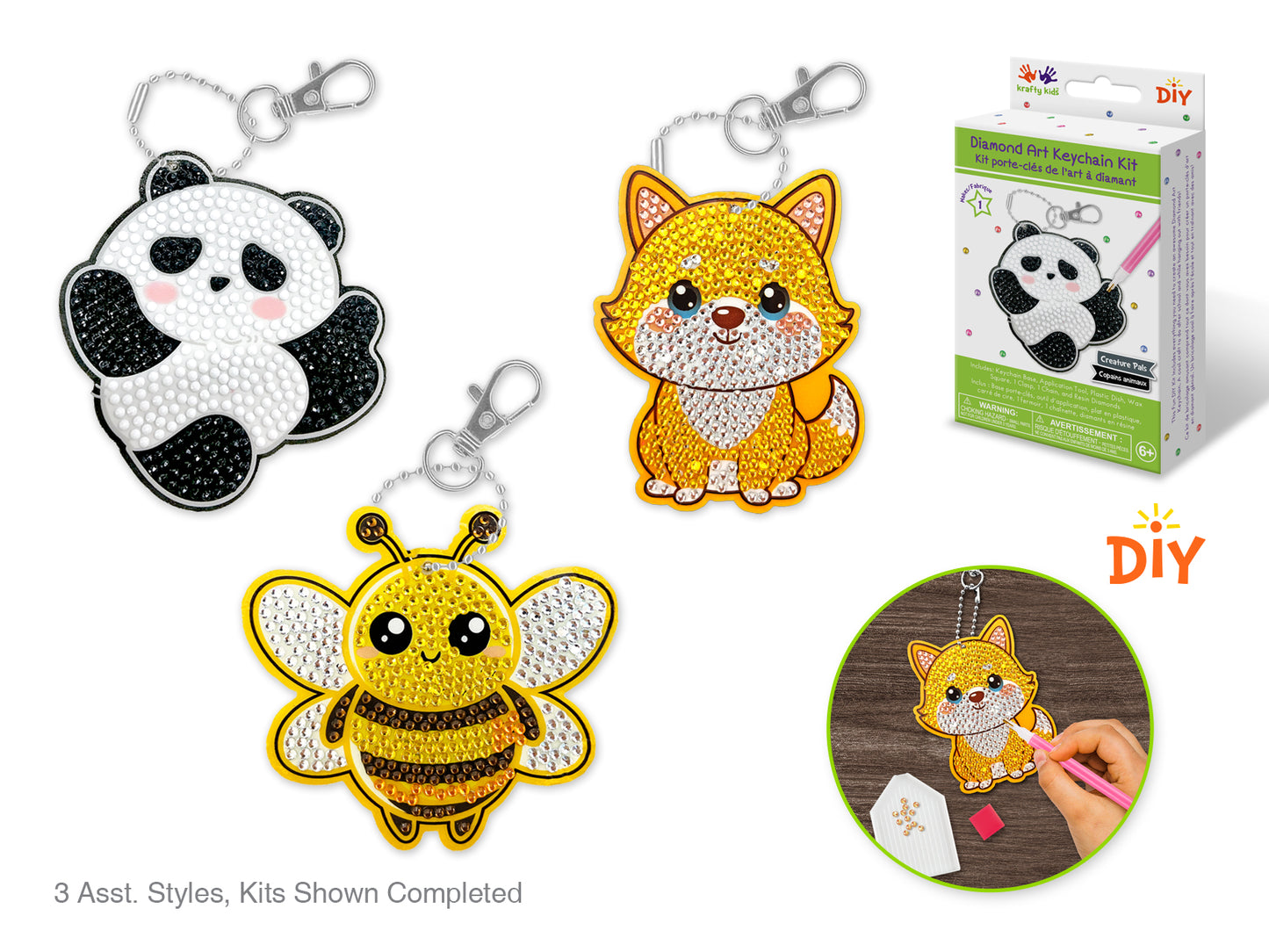 Krafty Kids Kit: Diamond Painting DIY Keychain Kit Asst 12eax3styles D) Creature Pals