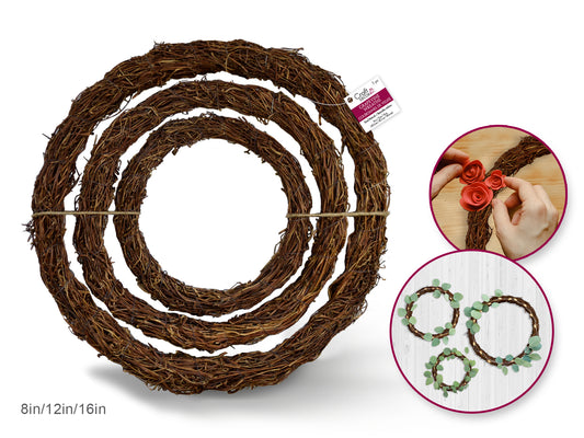 Craft Decor Dried Naturals: 8"/12"16" Grapevine Wreath Set/3