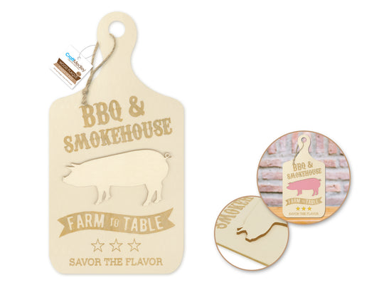Wood Decor: 6.3"x11.4" DIY 3D Menu Board w/Hanger Hole+Jute 3mm(T) C) BBQ & Smokehouse