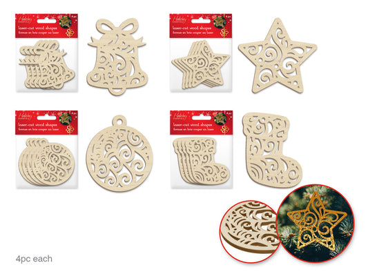 Holiday Wood: 8cm Laser-Cut Ornate Shapes x4
