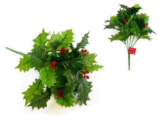 Seasonal Décor: 12" Holly Bush w/Berries & 6 Stems