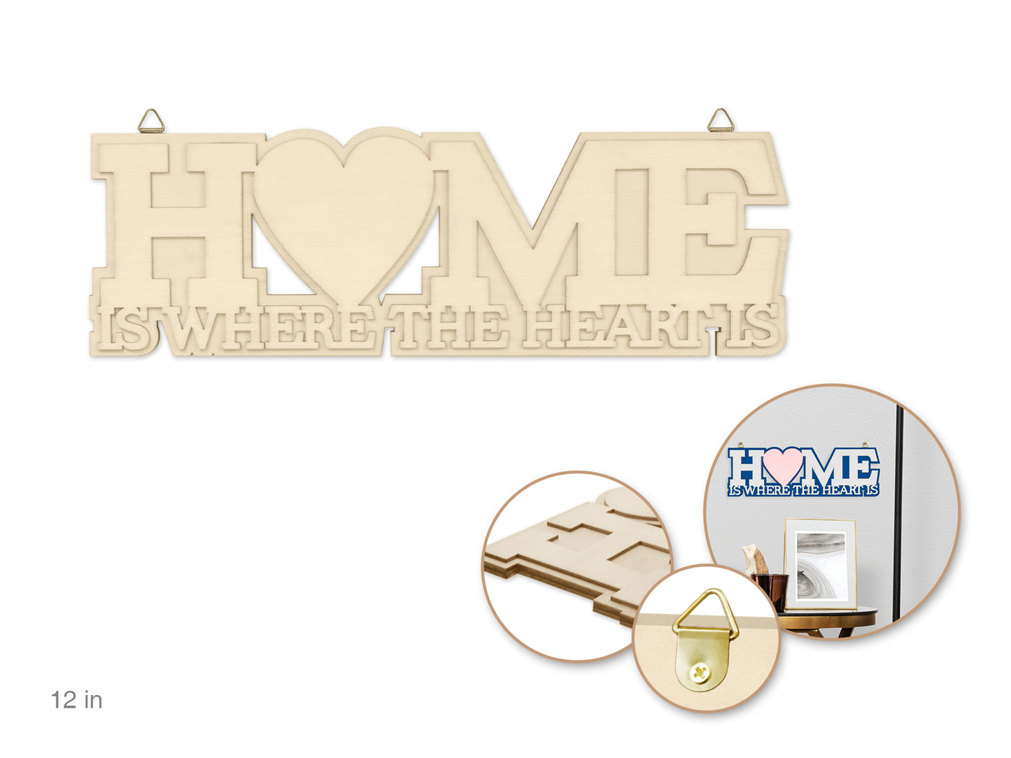 Wood Decor: 12" DIY Words Plaque 3D 7mm(T) w/Hook G) Home Where Heart Is