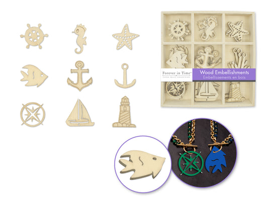 Paper Craft Emb: 45pc Mini Wood Emb in 9-Comp Box F) Nautical