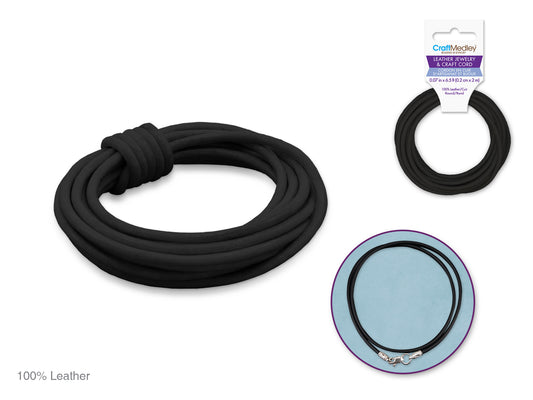 Jewelry/Craft Cord: 100% Leather 2mm Round 2m D) Black
