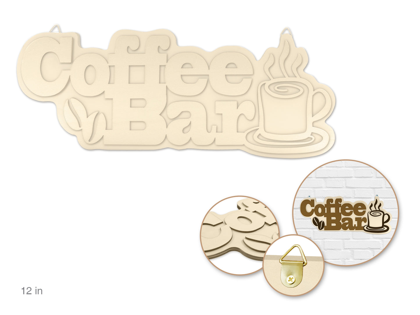 Wood Decor: 12" DIY Words Plaque 3D 7mm(T) w/Hook K) Coffee Bar