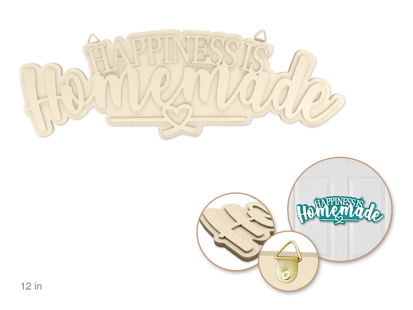 Wood Decor: 12" DIY Words Plaque 3D 7mm(T) w/Hook L) Happiness is Homemade