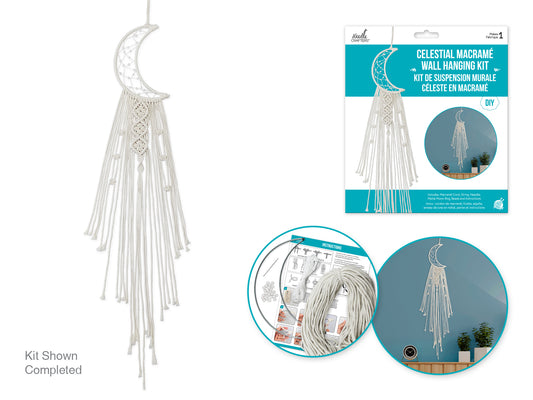 Needlecrafters: DIY Celestial Macramé Wall Hanging Kit w/Metal Moon Ring A) Ecru