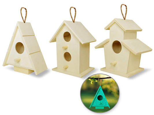 Wood Craft: 4" Birdhouses w/Jute Cord Asst 12eax3styles