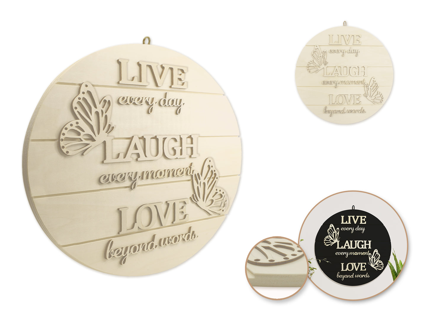 Wood Decor: 14" DIY Round Slat-Wall Sign Plaque 3D w/Jute Hanger D) Live Every Moment