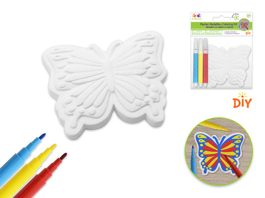 Krafty Kids Kit: 2.75" DIY Plaster Medallion Coloring Kit w/3 Markers D) Butterfly