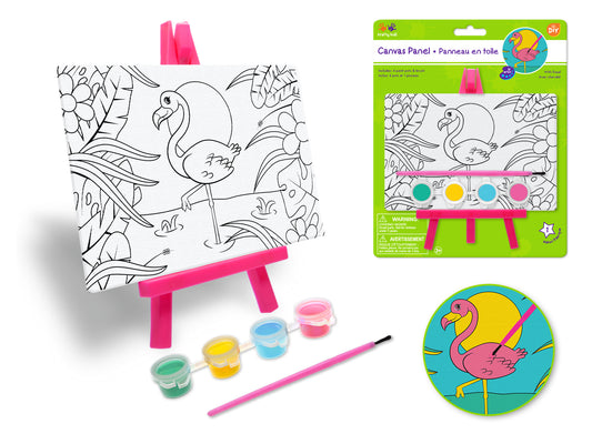 Krafty Kids Kit: 3.9"x5.9" DIY Canvas Panel on Easel w/4 Paint Pots+Brush C) Flamingo