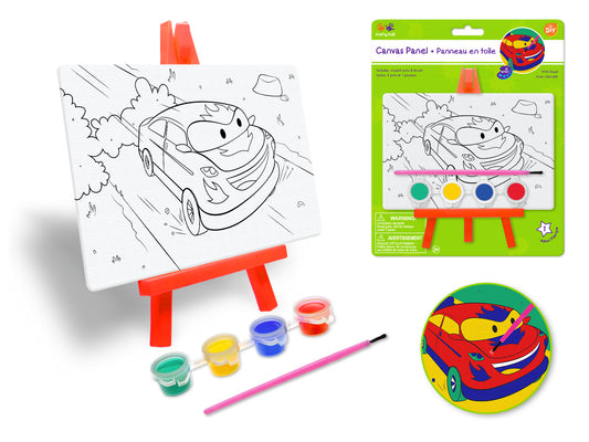 Krafty Kids Kit: 3.9"x5.9" DIY Canvas Panel on Easel w/4 Paint Pots+Brush F) Cars