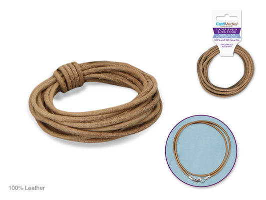 Jewelry/Craft Cord: 100% Leather 2mm Round 2m C) Natural