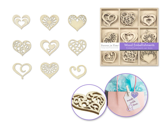 Paper Craft Emb: 45pc Mini Wood Emb in 9-Comp Box B) Hearts