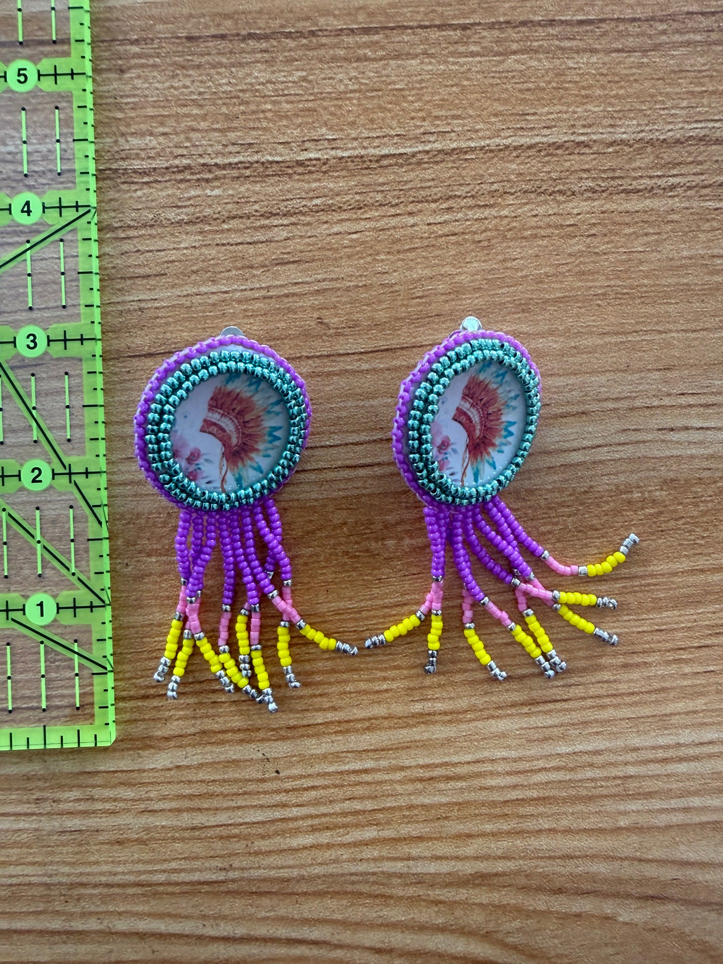 Headdress Glass Bead Clip on Earrings