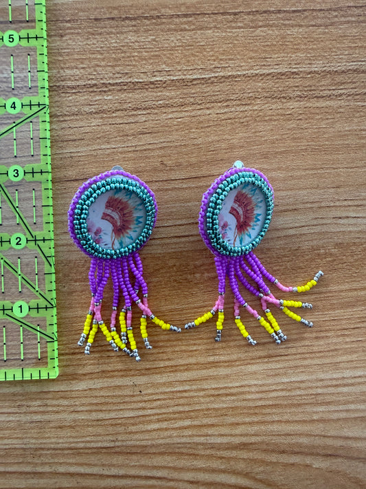 Headdress Glass Bead Clip on Earrings