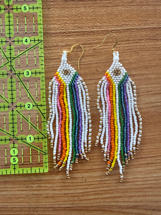 Rainbow and White Glass Bead Earrings